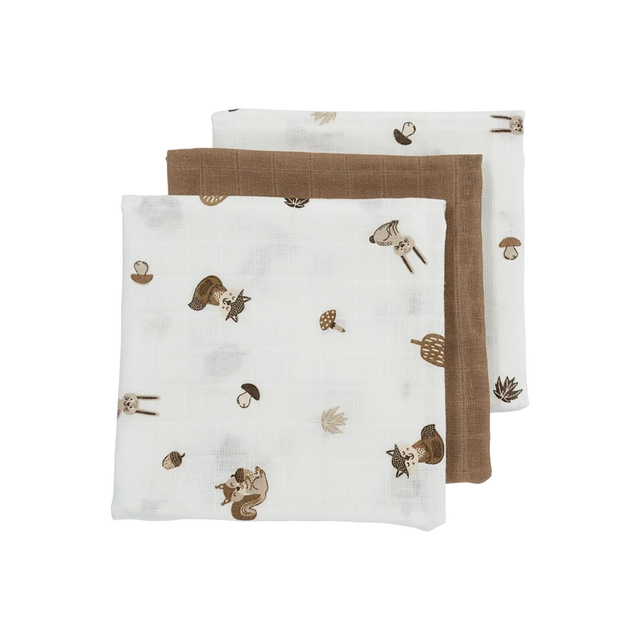 Meyco Baby marliniai muslino vystyklai Forest Animals Toffee, 70×70 cm, 3 vnt.