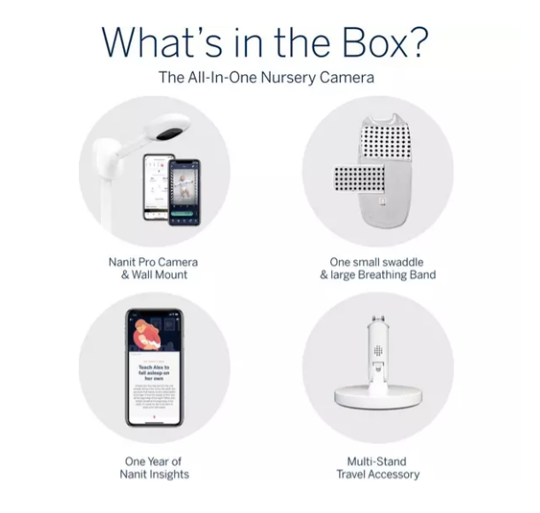 Nanit Pro pilnīga monitoru sistēma ar elpošanas kustību mobilo auklīti, universālu statīvu un sienas stiprinājumu, kā arī pilnīgu elpošanas monitoru