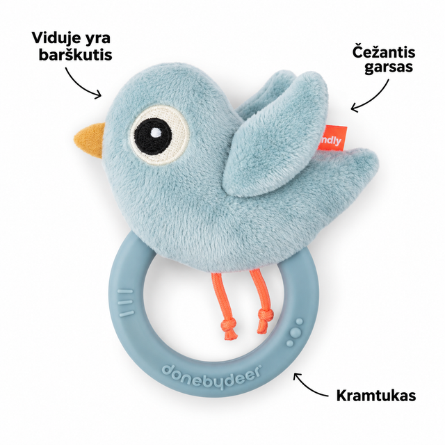 Done by Deer Birdee Blue sensorinis barškutis-kramtukas