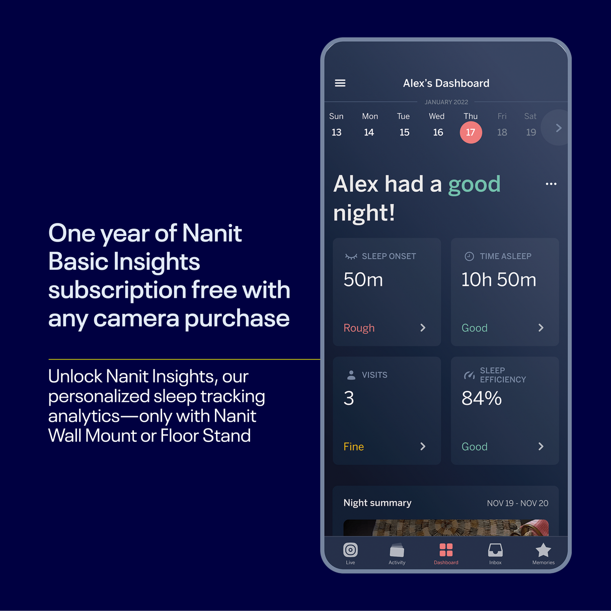 Nanit Pro pilnīga monitoru sistēma ar elpošanas kustību mobilo auklīti, universālu statīvu un sienas stiprinājumu, kā arī pilnīgu elpošanas monitoru