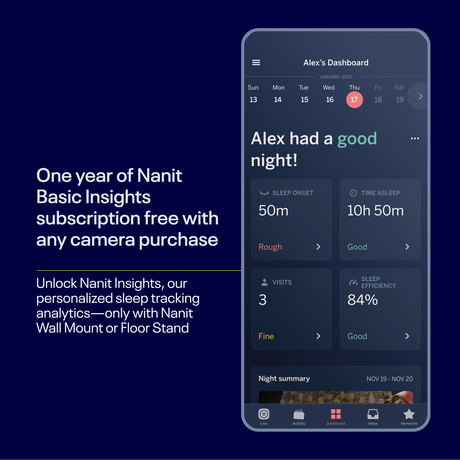 Nanit Pro pilnīga monitoru sistēma ar elpošanas kustību mobilo auklīti, universālu statīvu un sienas stiprinājumu, kā arī pilnīgu elpošanas monitoru
