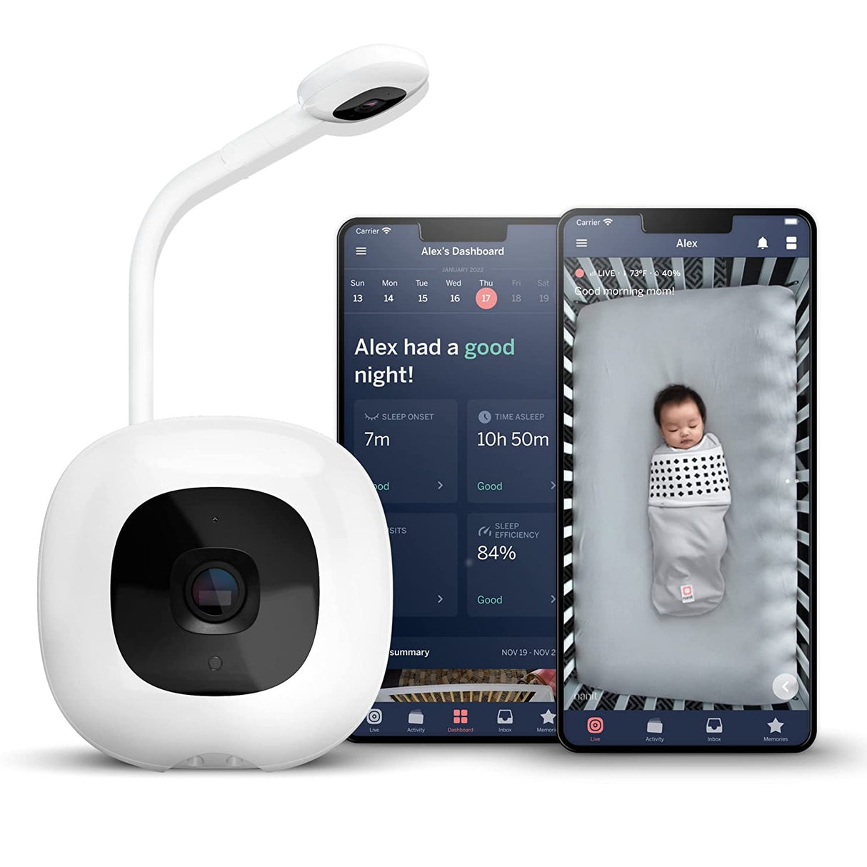Nanit Pro bērnu monitors + grīdas statīvs mobilajai auklei ar statīvu, naktslampiņu un elpošanas monitoru
