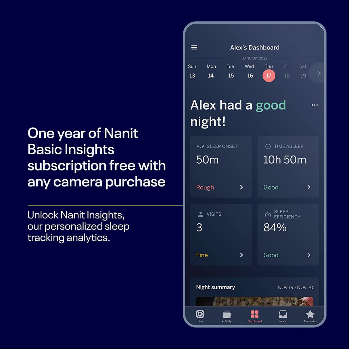 Nanit Pro bērnu monitors + grīdas statīvs mobilajai auklei ar statīvu, naktslampiņu un elpošanas monitoru