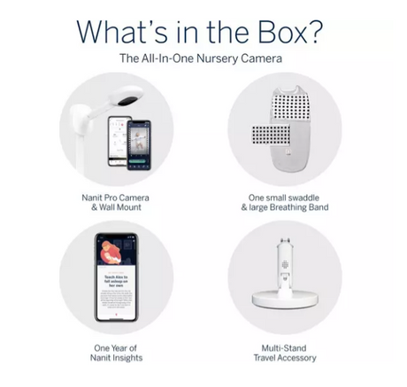 Nanit Pro pilnīga monitoru sistēma ar elpošanas kustību mobilo auklīti, universālu statīvu un sienas stiprinājumu, kā arī pilnīgu elpošanas monitoru