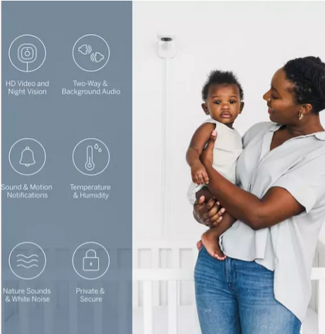 Nanit Pro pilnīga monitoru sistēma ar elpošanas kustību mobilo auklīti, universālu statīvu un sienas stiprinājumu, kā arī pilnīgu elpošanas monitoru